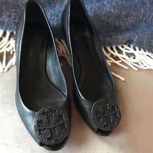 Tory Burch peep toe wedges, black leather